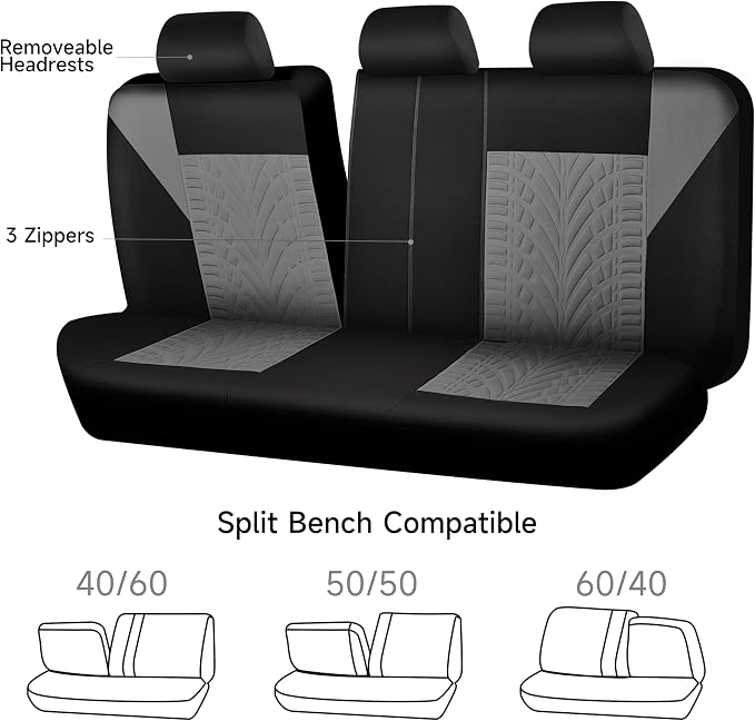 CAR PASS Car Seat Covers Full Sets, Front & Split Rear Bench for Car, 3D Tyre Embossed Automotive Interior Covers, Airbag Compatible, Quick Setup Universal Fit Seat Covers for Car, SUV(Black Gray) - Image 7