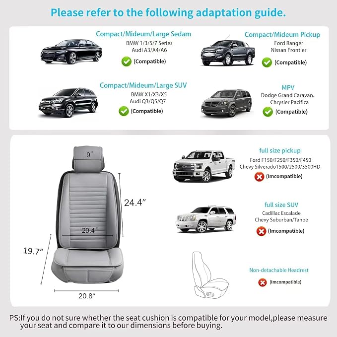 2pc Car Seat Covers, Luxury Car Protectors, Universal Anti-Slip Driver Seat Covers, Edge Wrapping Front Car Seat Covers with PU Leather(Gray) - Image 6