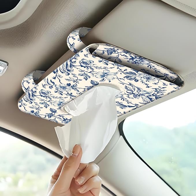 Car Tissue Holder, Cute Sun Visor Napkin Holder Backseat Tissue Case, PU Leather Tissue Box, Funny Car Accessories for Women Men Luxury Blue Flowers - Image 6