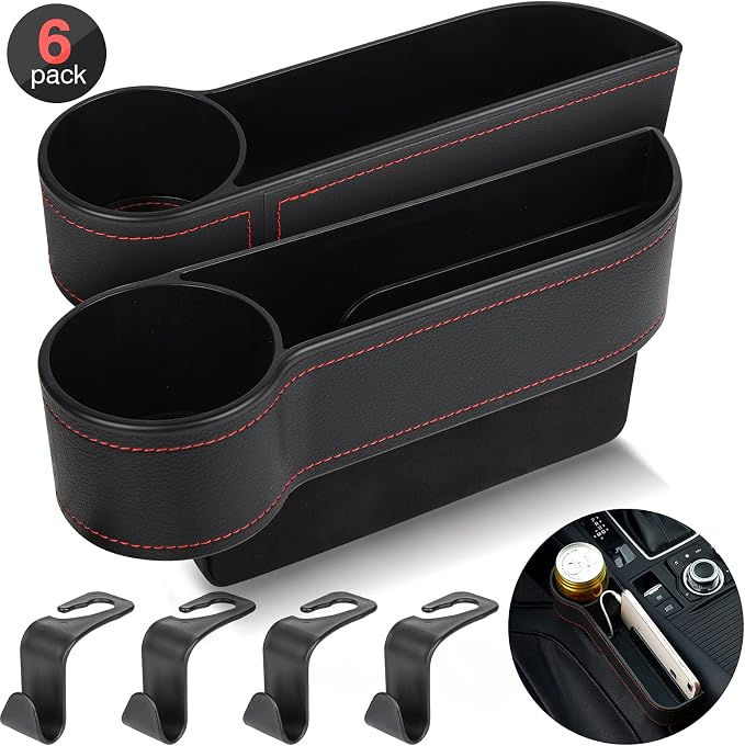 2 Set Car Seat Gap Organizer, Car Gap Filler Storage Boxes, PU Leather Front Seat Console Side Pocket Bags with Cup Holder 4 Hooks, Automotive Storage Box for Phone, Drinks, Cards, Sunglasses, Black - Image 9