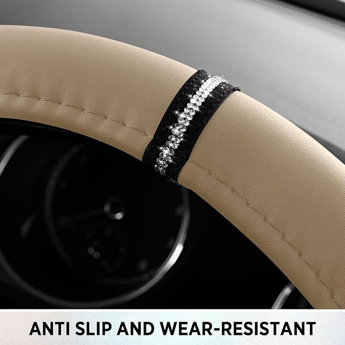 Road Comforts Leopard Steering Wheel Cover for Women, Cute Anti-Slip Microfiber Leather, Fits D Shape Flat Bottom Steering Wheel 14.5-15 Inch - Beige - Image 7