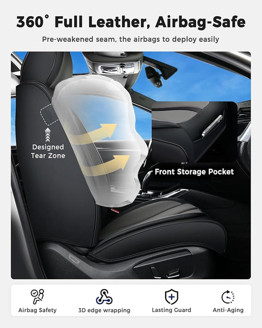 Huidasource Car Seat Covers Front Seats Luxury Nappa Leather, Front Seat Covers with Airbag, Front Storage Pocket, Lumbar Support, Cooling&Heating, Universal Fit for Most Cars SUV Trucks, Black&Gray - Image 2