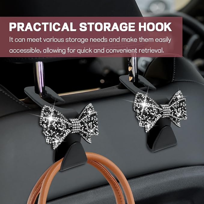 2PCS Bling Bow Car Seat Headrest Hook, Cute Bow Purse Hanger for Cars, Crystal Rhinestone Auto Seat Back Storage Hanging Hooks for Handbag Umbrella Coat Grocery Bags, Car Accessories (Black) - Image 6