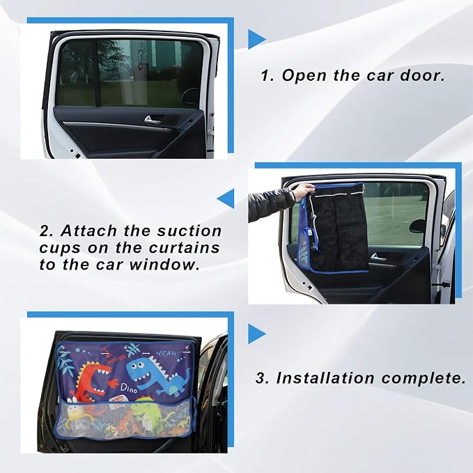 Car Window Shade for Baby, Car Sun Shade Curtain with Storage Pockets & Suction Cups, Cartoon Sun Blocker Blind for Side Windows, Blocks Heat, Privacy Cover for SUV Sedan (Cute Dino Pals) - Image 6
