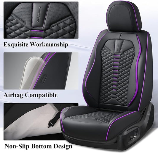 Coverado Car Seat Covers Front Seats, Nappa Leather Black&Purple Car Seat Cover, Automotive Seat Covers, Waterproof Driver Seat Protector, 2 Pack Front Seat Cover Car Seat Cushion Fit for Most Cars - Image 2