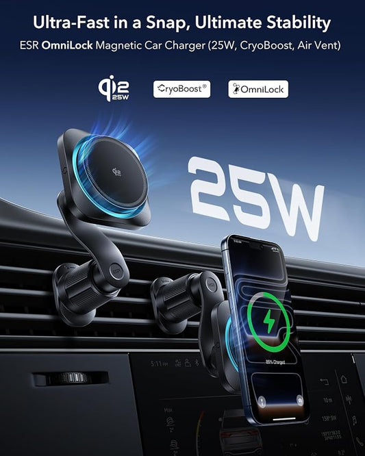ESR OmniLock Qi2.2 25W Certified MagSafe Car Mount Charger with Cryoboost | Phone Cooling MagSafe Car Charger, 360° Rotatable, Air Vent Magnetic Car Phone Holder for iPhone 17/16 with iOS 26, S26 Ultra - Image 2
