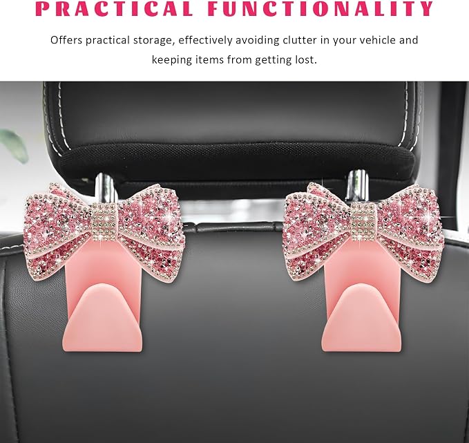 2 PCS Bling Car Headreat Hook, Crystal Rhinestone Bow Hanger Multifunctional Rear Seats Storage Organizer, Vehicle Sparkling Diamond Seat Headrest Hooks for Handbag Purse Coat (Pink) - Image 6