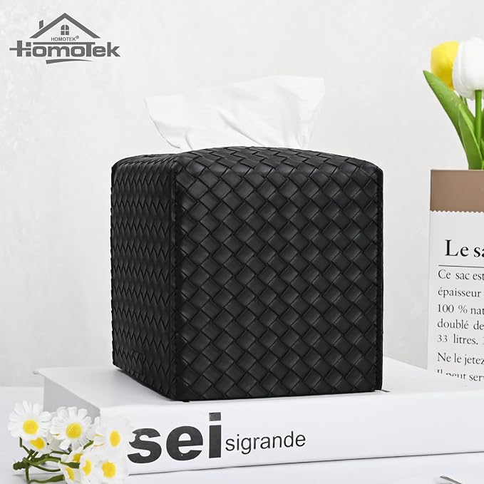 HOMOTEK 2 Pack Tissue Box Cover, Square PU Leather Tissue Holder, Decorative Facial Tissue Cube Paper Organizer Dispenser for Bathroom, Night Stands, Desk, Car 5X5X5'' - Woven Waffle,Dark Black - Image 5