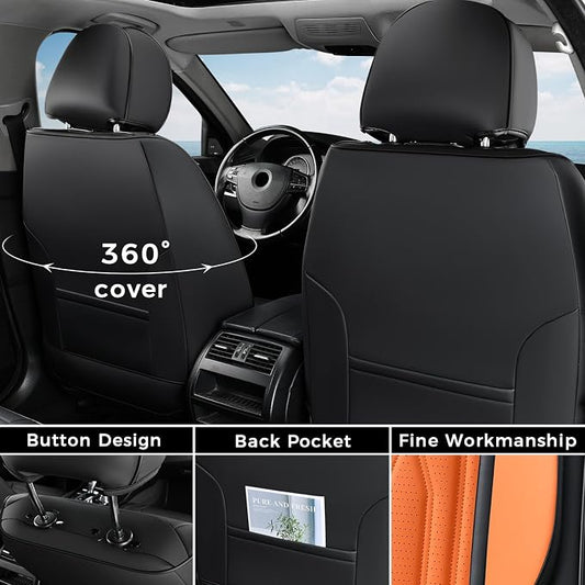 Coverado Front Seat Covers, Car Seat Protector, Waterproof Nappa Leather Cushion, Fit for Most Sedans SUV Pick-up Truck-Black&Orange - Image 2