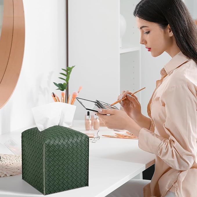 Tissue Box Cover Square Leather Facial Paper Holder, Dark Green | PU Leather,Easy to Fill, Easy Clean, Decorative Cube Tissue Box Holder for Office, Bathroom,Kitchen, Living room, Guest room - Image 3