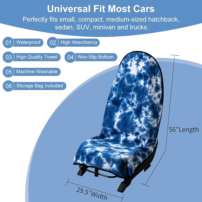 Car Seat Towel Covers with Storage Bag, Waterproof Sweatproof Towel Seat Cover Universal Front Seat Covers Washable Non-Slip Seat Protector for Workouts(Blue & White - Point, 1Pcs Front Seat Cover) - Image 6
