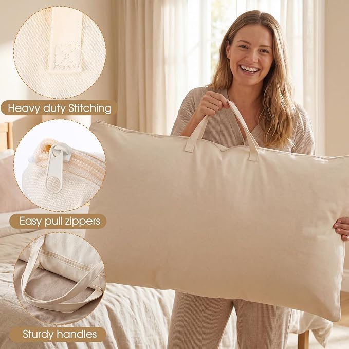 2 Pack Travel Pillow and Blanket Bags, 100% Cotton Canvas Pillow Storage Bag with Handles for Airplane Home, Heavy Duty Breathable Organizer for Bedding Linens, Pillow Bag for Traveling(2,20"x36") - Image 7