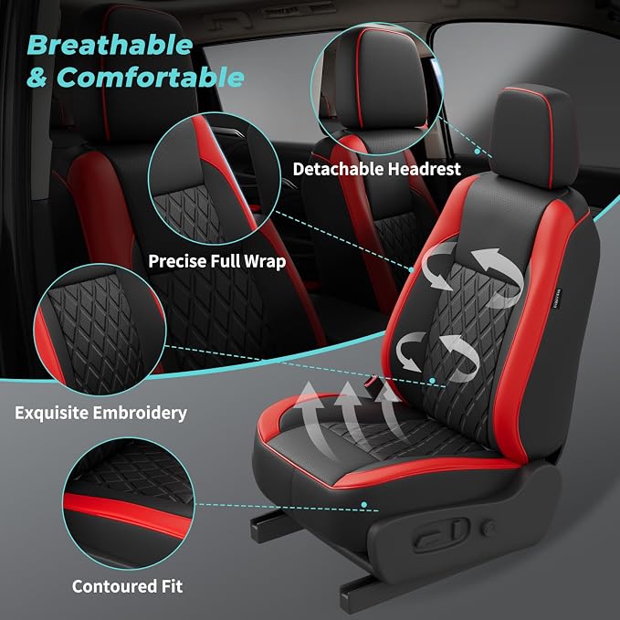 Custom Seat Covers for Toyota Highlander 2014-2019 7Seats BlackRed | faux leather, 2nd row captain chairs, waterproof, breathable, airbag compatible, stain resistant, easy install, durable - Image 7