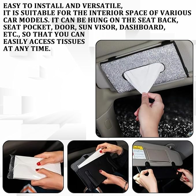 Bling Car Sun Visor Tissue Box Holder, Napkin and Face Mask Storage Box for Cars, Upgraded PU Leather Tissue Box with Crystal Rhinestones, Car Decoration Accessories for Women (Black) - Image 6