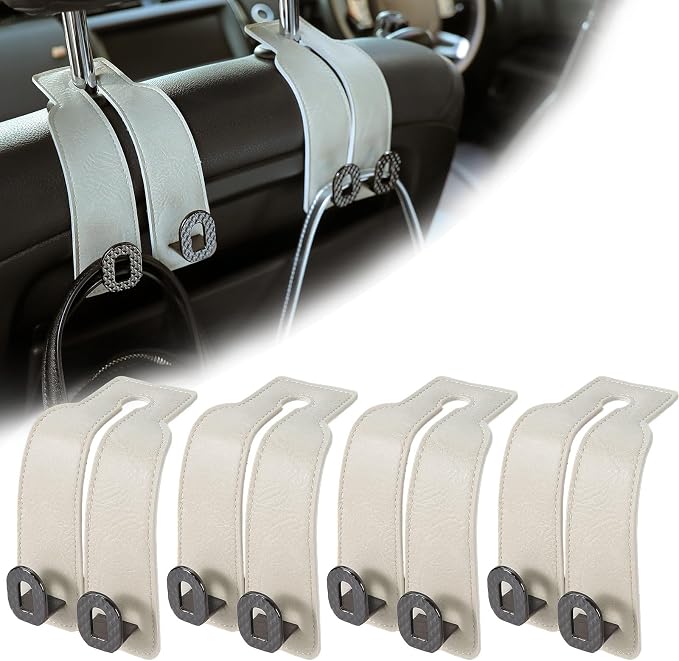Car Headrest Hooks Universal Car Purse Hook Premium Leather and Alloy Twin Hook Car Seat Back Storage Hanger Hook for Purse Bags Cloth Drink Durable Holder Car Accessories (BH09-White-Black-4 Pcs) - Image 8