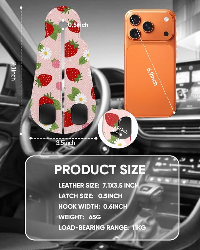 WOCOCN Purse Holder for Car, 2 Pack Heavy Duty Purse Hanger, Strawberry | PU Leather Car Seat Hooks for Purses and Bags, Cute Floral Headrest Organizer for Handbags & Backpacks - Image 7