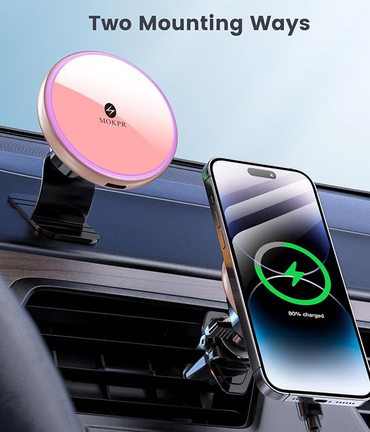 for Magsafe Car Mount Charger 15W LED RGB Car Phone Holder for Dash Vent | HandsFree Magnetic Wireless Car Charger Car Mount Fast Car Charger for iPhone 17 16 15/14/13/12 Series Pink - Image 2