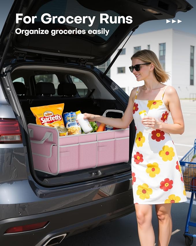 HOTOR Trunk Organizer for SUV – Foldable Car Organizers and Storage | 2 Compartments, Large Capacity Car Trunk Organizer Car Accessories for Truck Sedan, Pink, 21.7" x 12.8" x 11.0" - Image 3