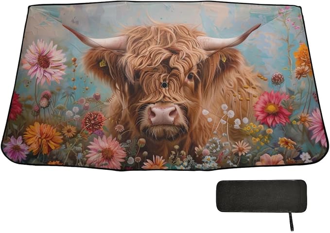 Windshield Sun Shade Umbrella Highland Cows Florals Foldable Car Front Window Sunshade Blocks UV Rays Heat Keep Vehicle Cool 55"x27.5" - Image 7