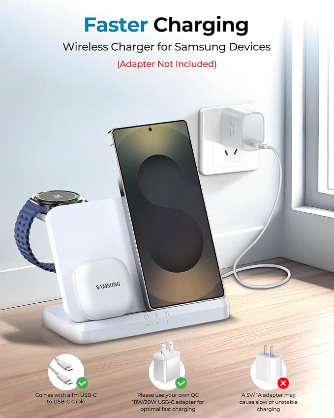 3 in 1 Wireless Charger Station for Galaxy S26 Ultra S25 S24, Foldable | Fast Charging for Z Fold Flip 7/6, Detachable Watch Charger for Galaxy Ultra 8/7/6, Compact & Portable, No Adapter, White - Image 7
