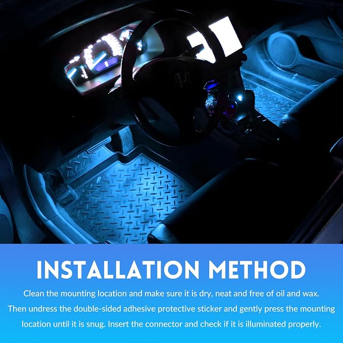 Car LED Strip Light, 12V 24 LEDs RGB Car Interior Atmosphere Lamp with USB Port, Vehicle Under Dash Floor Ambient Night Decorative Lighting Kit (Ice Blue) - Image 6