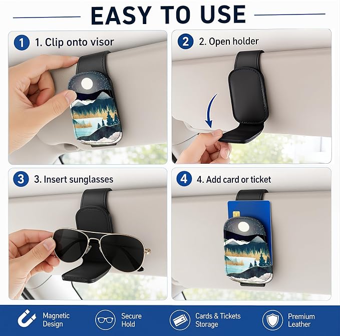 Leather Magnetic Sunglass Holder for Car Sun Visor, Cute Eyeglass Ticket Card Hanger Clip, Universal Auto Interior Accessories for SUV Pickup Truck, Moon Mountain - Image 5