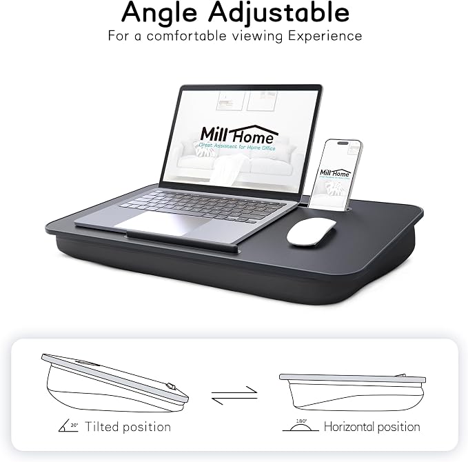 Lap Desk with Cushion, Fits up to 17 inch Laptop, Pillow Designed, Portable Laptop Stand with Tray, Pad & Phone Holder, Home Office for Bed/Couch/Car/Reading/Writing,MillHome (Black) - Image 8