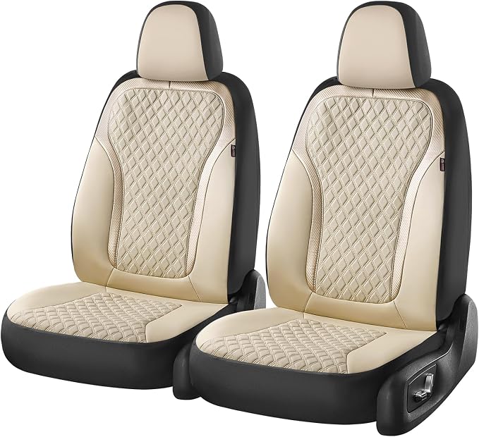 Coverado Front Seat Covers, 2-Pack Luxury Leather Car Seat Cover with Carbon Fiber Weave, Waterproof Car Seat Protectors, Spill-Proof Car Seat Cushion, Beige Seat Covers Universal Fit for Most Cars - Image 6