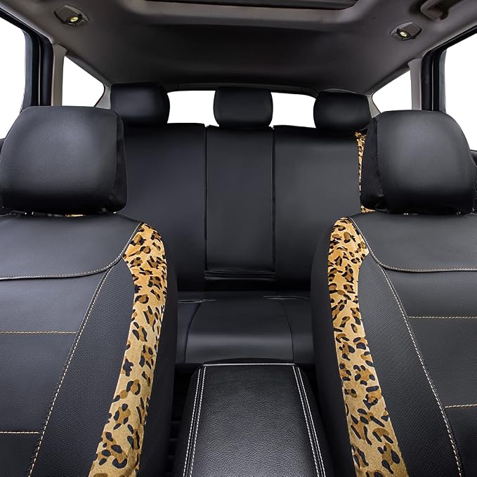 Flying Banner car seat Covers Protects Leopard Printing Velvet Faux Leather Carbon Fiber Front and Rear Bench (Leopard Brown Black, Full Set - 8PCS) - Image 6