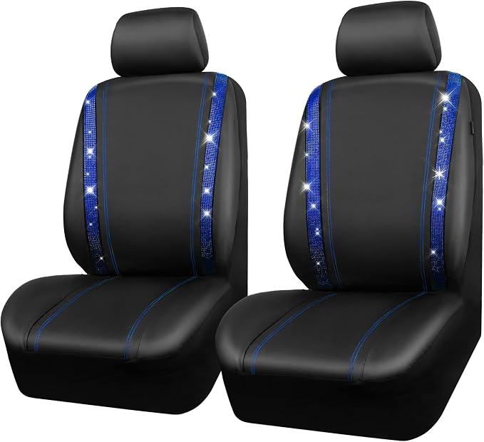 CAR PASS Leather Diamond Bling Car Seat Covers 2 Front Interior Sets, Waterproof Universal Shining Glitter Crystal Sparkle Fit for 95% Automotive Truck SUV Cute Women Girl, Black Blue Rhinestone - Image 8