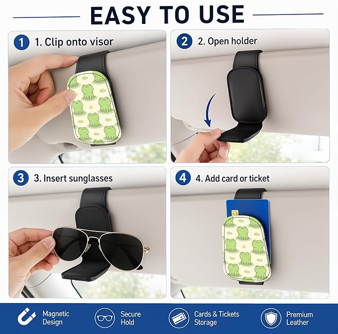 Leather Magnetic Sunglass Holder for Car Sun Visor, Cute Eyeglass Ticket Card Hanger Clip, Universal Auto Interior Accessories for SUV Pickup Truck, Kawaii Frog - Image 5