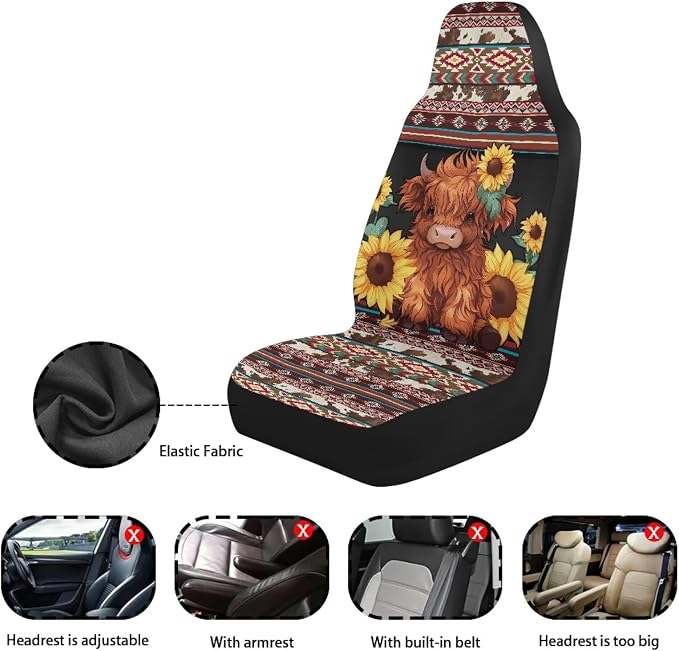Highland Cow Aztec Car Seat Covers for Front Seats Cow Sunflower Car Accessories for Women Men Washable and Breathable Car Seat Cover Set of 2 for Trucks SUV Sedans - Image 7
