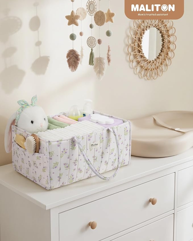 Maliton Diaper Caddy Organizer with 2 Side Pockets, Portable, Purple Floral | with Handle and Removable Dividers, Nursery Storage Basket, Car Organizer for Diapers & Wipes. Boy & Girl Shower Gift - Image 8