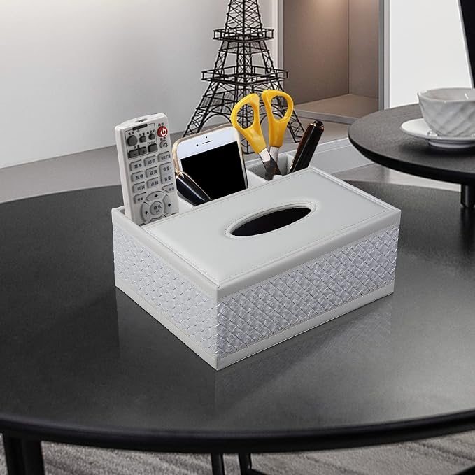 Tissue Box Cover Rectangle White Kleenex Box Holder PU Leather Facial Tissue Organizer,Multifunctional Remote Control Stationery Storage Box,Home Office Supplies Car Napkin Caddy - Image 8