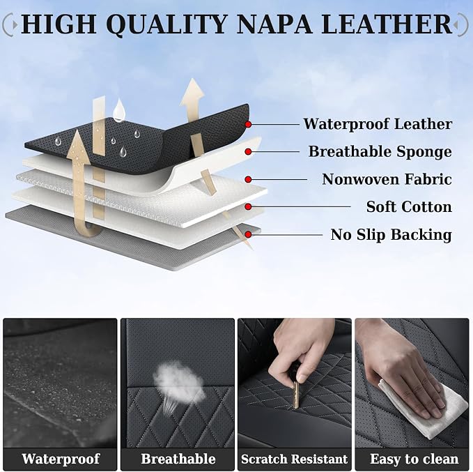 Coverado Tacoma Seat Covers Full Set, Faux Leather Car Seat Covers Custom Fit for 2005-2023 Toyota Tacoma Double & Crew Cab SR SR5 Limited TRD Sport/Pro/Off Road Toyota Tacoma Accessories (Black) - Image 7