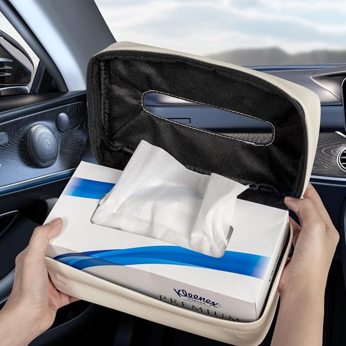 Car Tissue Holder - Standard Pu Leather Napkin Holder for Backseat, Extra Large Organization Fits 120-230 Tissues Per Box, 9.84'' X 4.72'' X 5.91'', Beige - Image 6