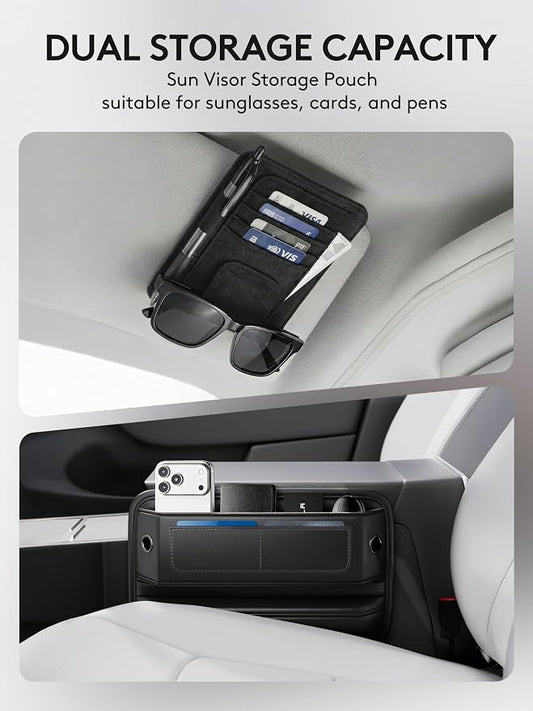 2 Pack Car Seat Gap Filler Organizer with Sun Visor Organizer | PU Leather Seat Gap Filler for Phone, Keys, Cards & Sunglasses, Front Seat Storage Side Pocket for Cars SUVs Trucks - Image 2
