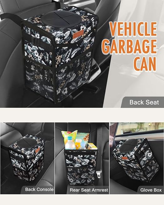 Pritent Car Trash Can with Lid Leakproof Car Garbage Bag Vehicle Trash Bin | Hanging Automotive Garbage Can,Multipurpose Car Accessories for Women Men Interior Car Storage Organizer(2 Gal,Lily Print) - Image 6