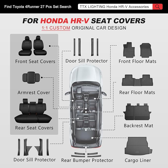 TTX LIGHTING Custom Fit for Honda HR-V Seat Covers 2016-2021 5-Seats | Original Seat Pattern | Full Coverage | Easy Install | Waterproof | Faux Leather | Shield Your Car Seats | All Season - Image 9