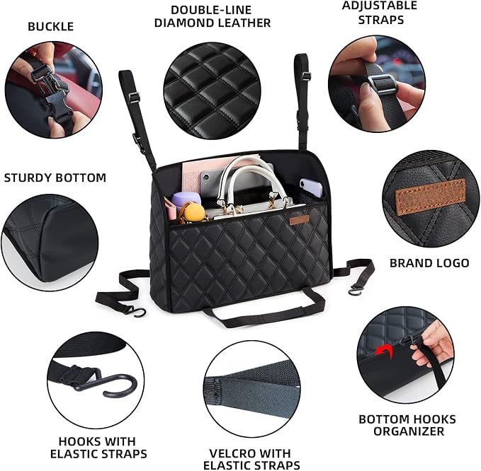 WLLWOO Car Net Pocket Organizer Purse Holder Console Front Seat Storage | Multi Pocket Car Seat Organize Bag Handbag Holder Between Seats Back Barrier - Image 8