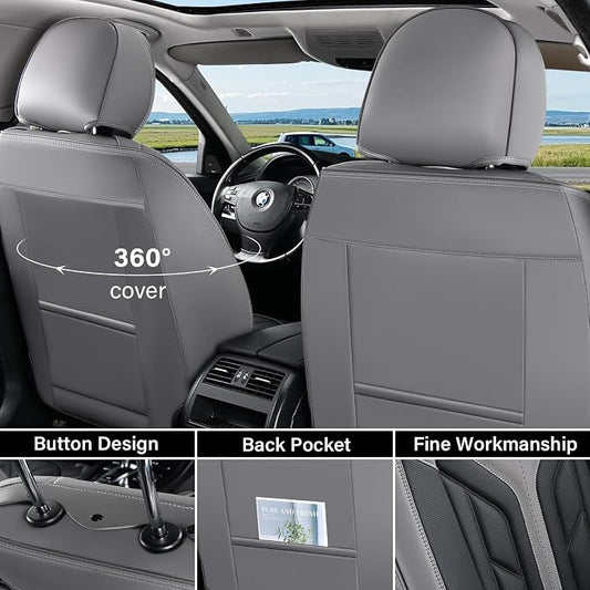 Coverado Car Seat Covers Full Set, Automotive Seat Covers Car Seat Protector Car Seat Cushion, Waterproof Leather Seat Covers for Cars, Universal Fit for Most Sedans SUV Pick-up Truck(Gray&Black) - Image 2