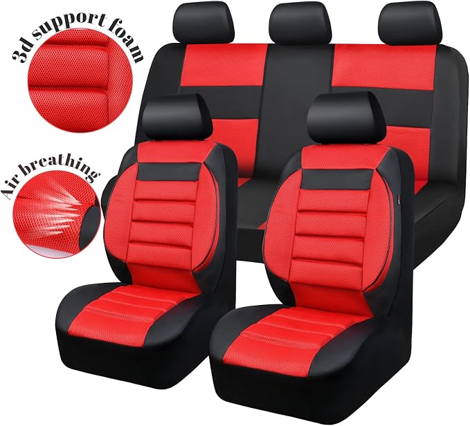 CAR PASS Leather 3D Foam Back Support Car Seat Covers Full Set Air Mesh Automotive Seat Covers, All Season Car Seat Cover Fit Automotive,SUV,Sedan,Van, Airbag Compatible Elegance (Black and Red) - Image 7
