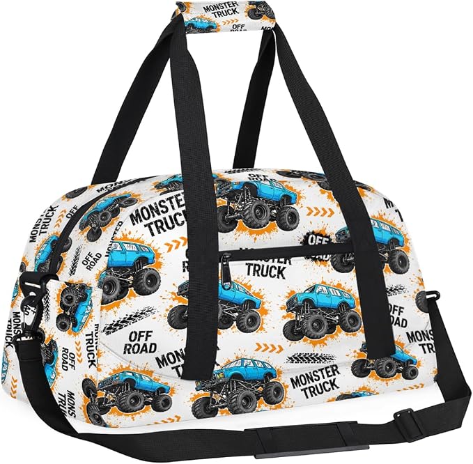 Gym Travel Duffle Bag for Boys - Blue Monster Car Trucks Kids Overnighter Weekend Bag with Front Zipper Pocket for School Practice, Teens Carry-On Size Sleepover Bags - Image 7