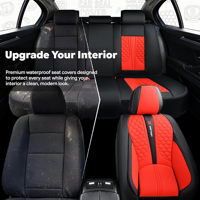 Red Car Seat Covers Full Set Luxury Waterproof | Leather Auto Seat Protector with Airbag Compatible Design, Breathable Non-Slip Cushion, Easy Installation, Fits Most Cars - Image 9