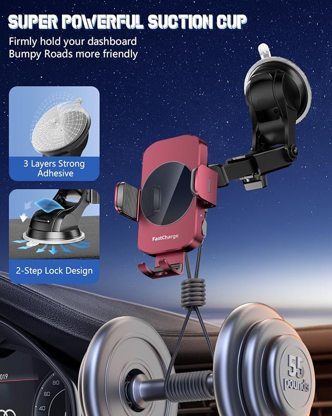 3-in-1 Wireless Car Charger Mount, 15W Fast Charging Auto-Clamping Phone Holder for iPhone 17 16 15 14, Samsung Galaxy S24 S23, Dashboard, Vent & Windshield Car Mount(Deep Red) - Image 7