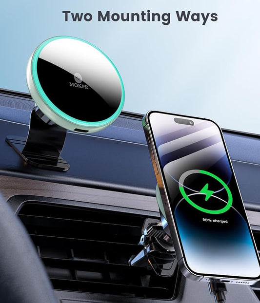 for Magsafe Car Mount Charger 15W LED RGB Car Phone Holder for Dash Vent | HandsFree Magnetic Wireless Car Charger Car Mount Fast Car Charger for iPhone 17 16 15/14/13/12 Series Green - Image 2