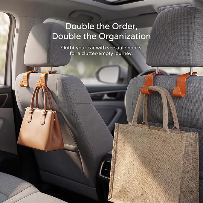 4 Pack Headrest Hooks for Vehicle Seats, Carbon Fiber/Orange | rear-row hanging storage, supports bags coats and groceries, fits matching headrest posts, interior accessory - Image 6