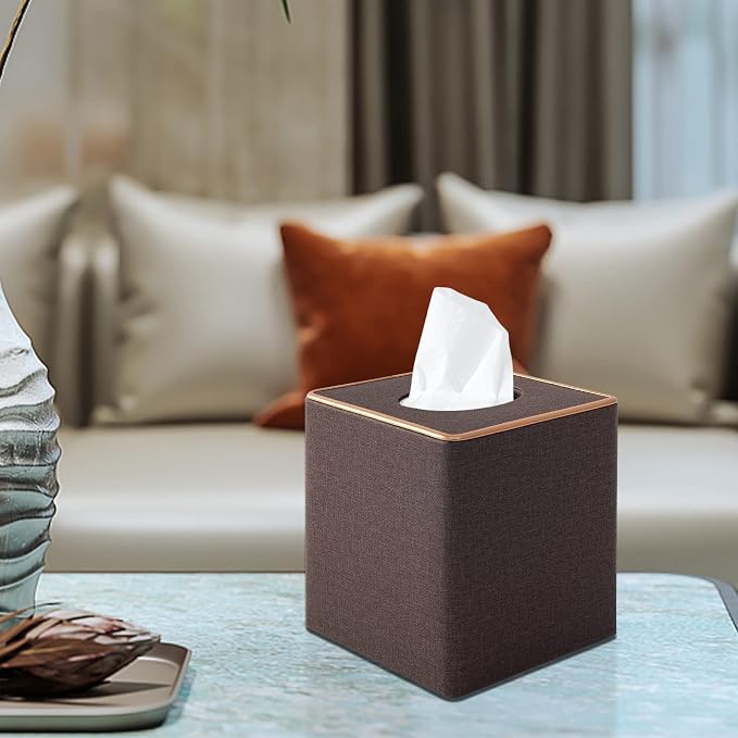 Linen Square Tissue Box Cover,Cube Tissue Box Holder-Excellent Rosegold Leather Decoration,Table Napkin Case Dispenser,Facial Tissues Organizer with Magnetic Bottom for Home Office Car(Coffee) - Image 7