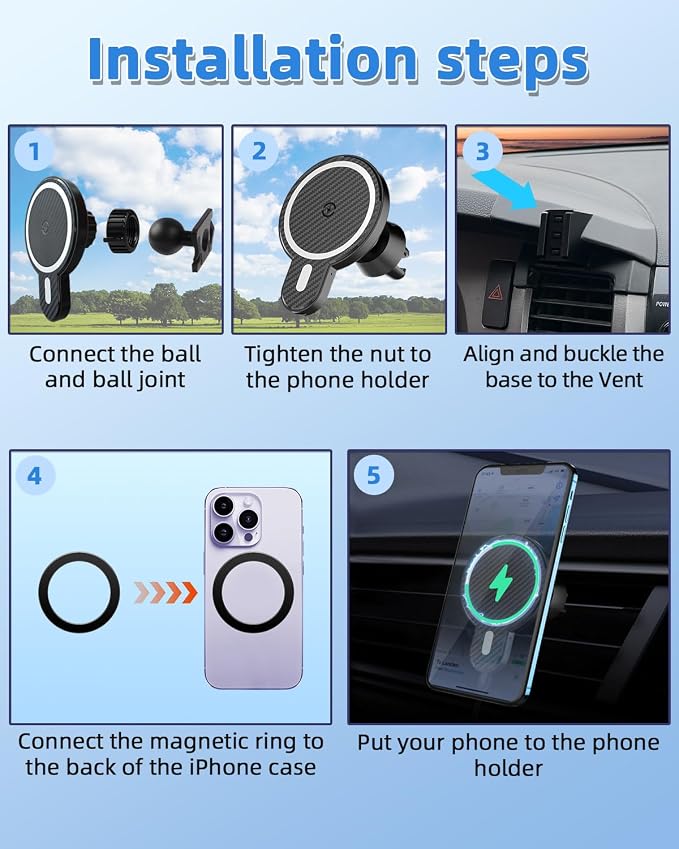 Car Phone Mount for Toyota Tundra 2007-2013 /Sequoia 2008-2013 Accessories | Magnetic 15W Fast Wireless Charger Phone Holder for Tundra Vent with Magsafe Fixed Clip 360° Rotation Hands-Free Cradles - Image 9