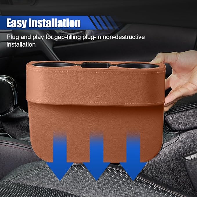 KITUREK Car Cup Holder, PU Leather Cover Auto Front Seat Organizer, Brown | Multifunctional Cup Drink Holder, Gap Filler Coin Bucket Storage Box, Console Side Pocket, Cell Mobile Phone Holder - Image 7